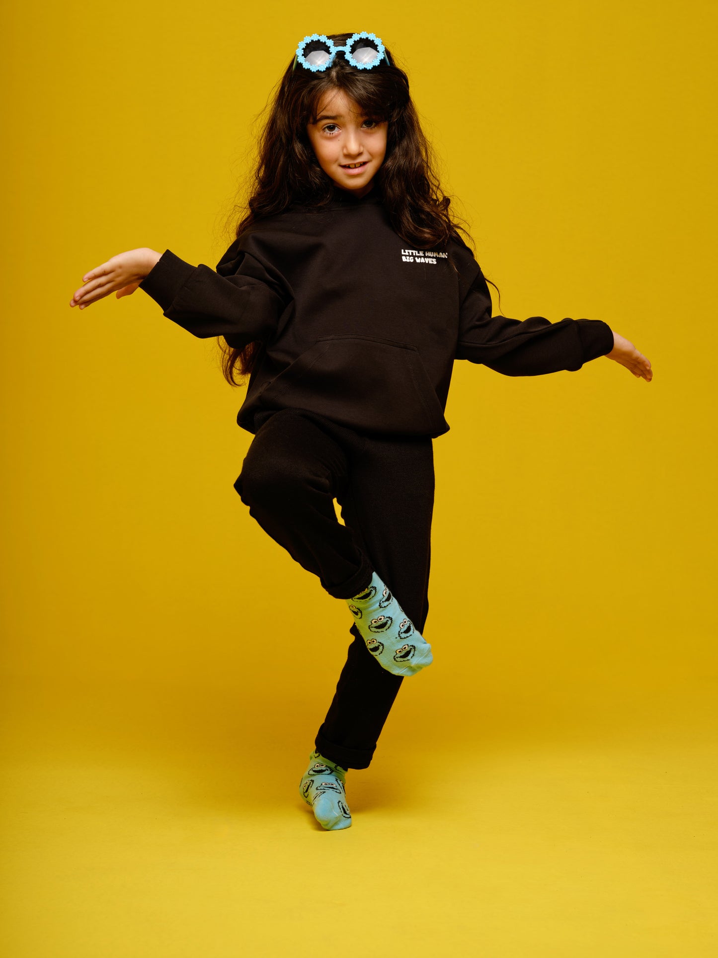 Girls Black Hoodie "little human, big waves'