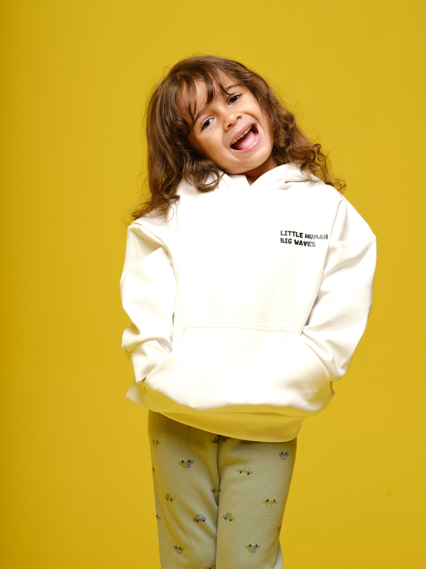 Girls White Hoodie "little human, big waves'