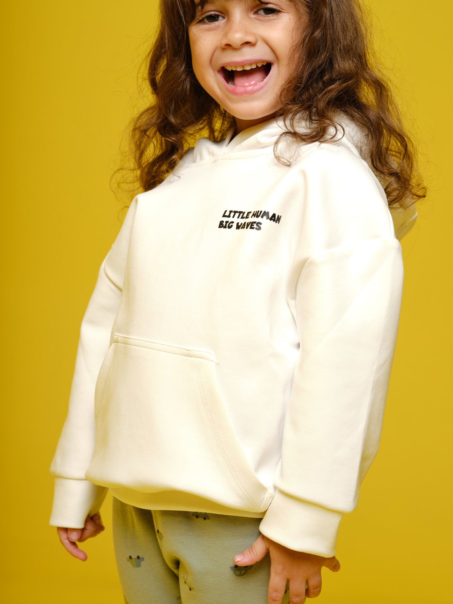 Girls White Hoodie "little human, big waves'